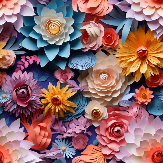 flores de papel de colores brillantes están dispuestas en una pared de ai generativo azul y rosa