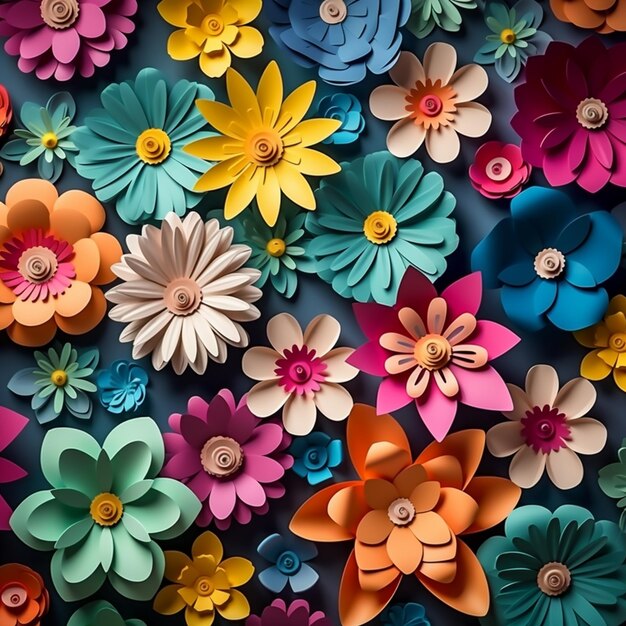 flores de papel de colores brillantes están dispuestas en una pared generativa ai