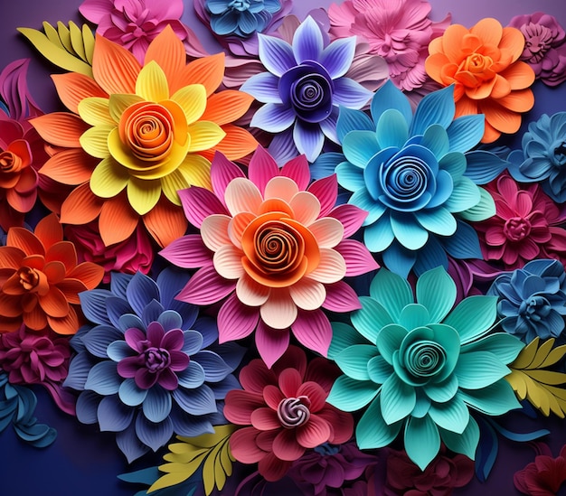 Las flores de papel de colores brillantes están dispuestas en un ramo sobre un fondo púrpura