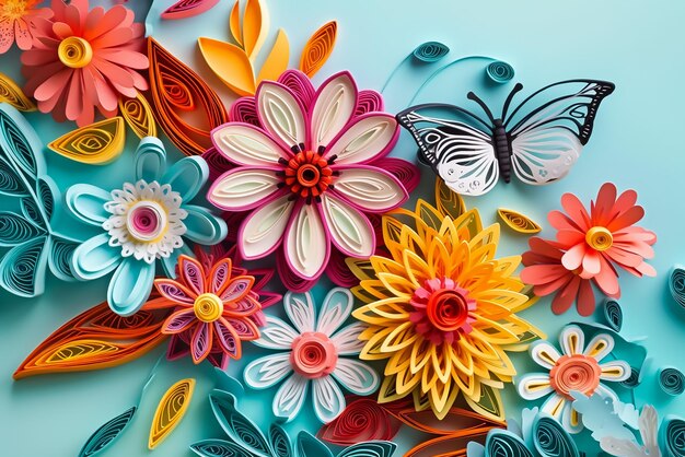 Flores de papel de colores con una mariposa en la parte superior