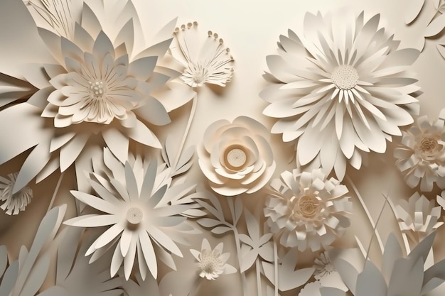 Las flores de papel se exhiben en una pared.