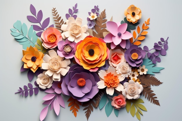 Flores de papel y hojas sobre fondo de color vista superior Diseño floral
