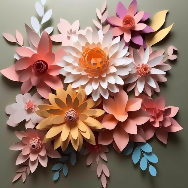 Flores de papel en una pared.