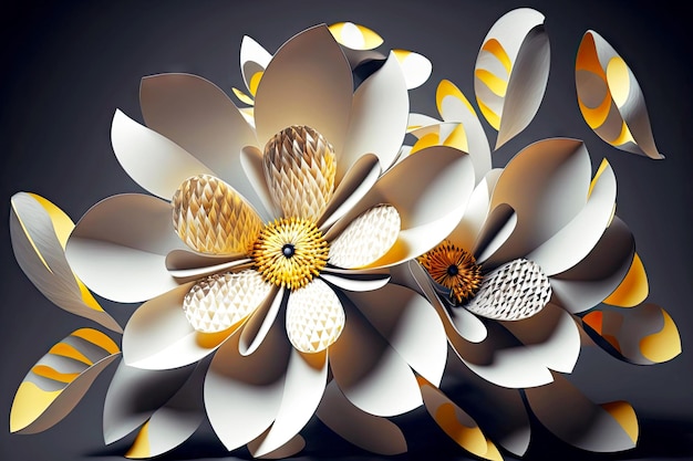 Flores de papel de renderizado D hechas de pétalos blancos con centro amarillo y ai generativo de mariposa