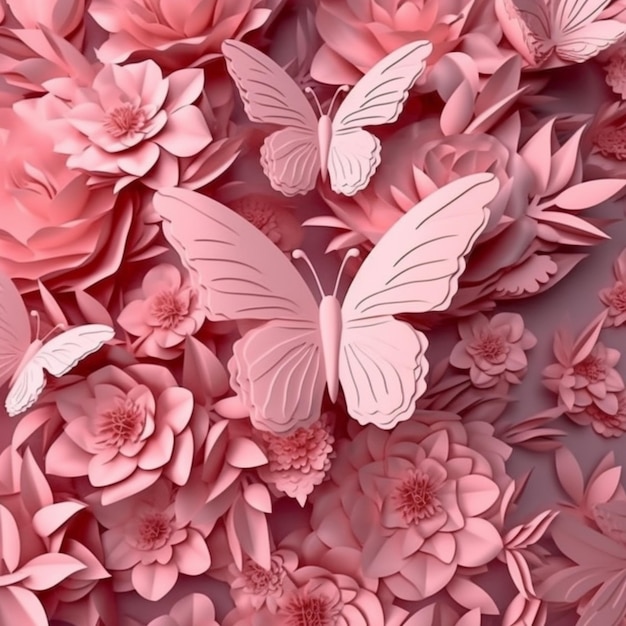 las flores de papel rosa y las mariposas están dispuestas en un patrón generativo ai