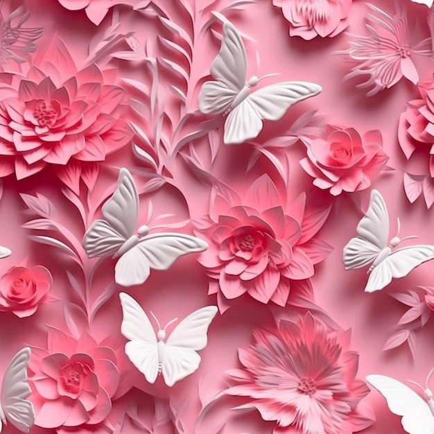 flores de papel rosado y mariposas en un fondo rosado generativo ai