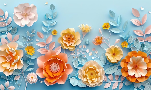 Flores de papel sobre un fondo azul