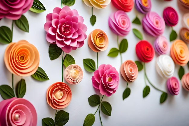 Flores de papel sobre un fondo blanco, la palabra "flor" está hecha por el artista.