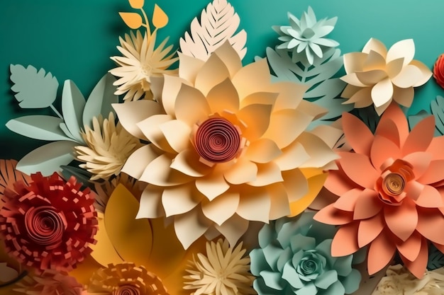 Flores de papel sobre fondo turquesa