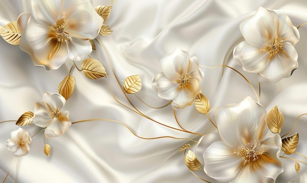 Flores de papel tapiz mural 3D en colores dorado y crema Flores de wallpaper mural de alta calidad generadas por la IA