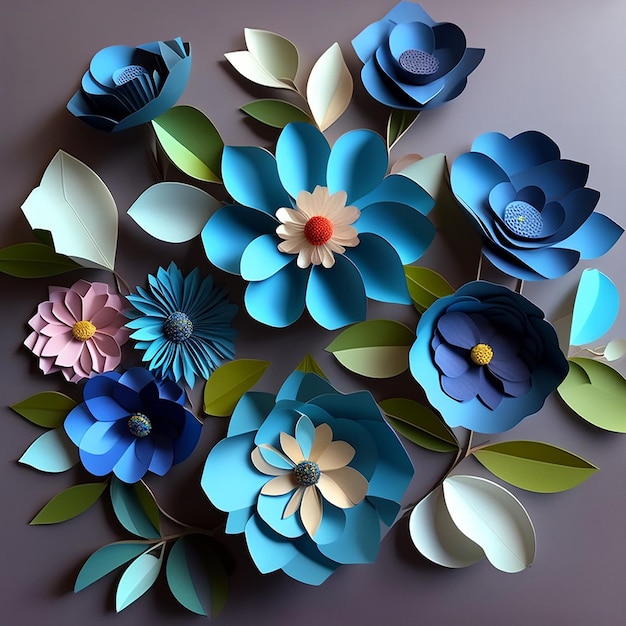 Flores de papel en tonos azules Generado por IA