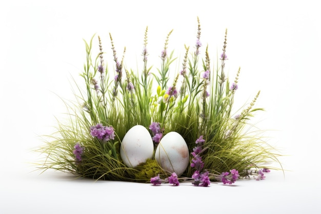 flores de Pascua con hierba y huevos de fondo blanco ai generado.