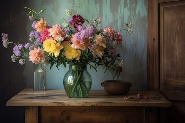 Flores pastel en jarrón de acuarela sobre mesa de madera creada con ai generativo