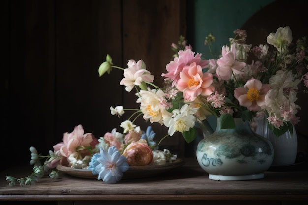 Flores pastel en un jarrón vintage sobre una mesa rústica de madera creada con ai generativo