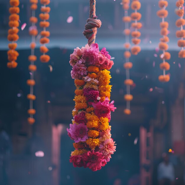 Flores penduradas em uma corda fora de um templo