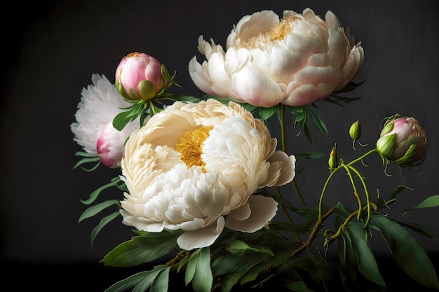 Flores de peonía blanca y rosa con tallos y capullos sobre fondo oscuro