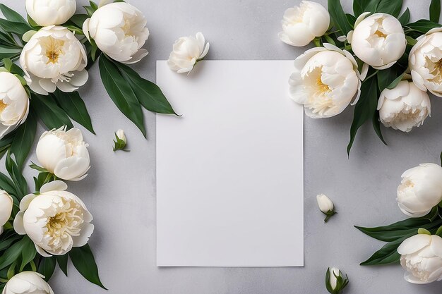 Foto flores de peonía blancas frescas en fondo de mesa gris claro lugar vacío para citas de texto o dichos sentimentales closeup