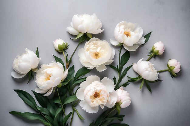 Foto flores de peonía blancas frescas en fondo de mesa gris claro lugar vacío para citas de texto o dichos sentimentales closeup