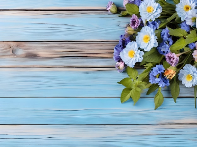 Flores de peonía rosadas sobre un fondo de madera azul vintage Espacio de copia