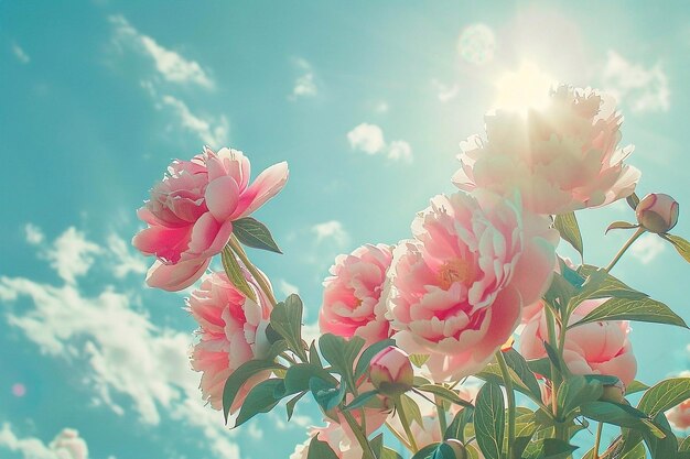 Flores de peonía sobre un fondo de cielo azul con nubes blancas