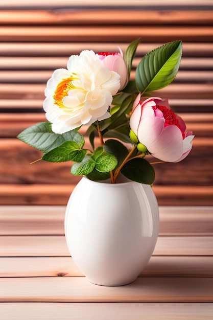 Flores de peonías artificiales en jarrón de cerámica blanca sobre la mesa decorando la pared de ladrillo como fondo