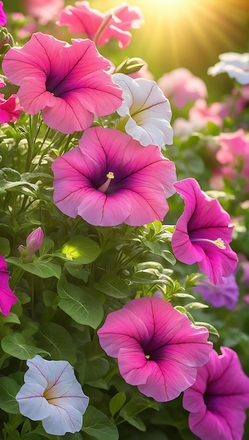 Las flores de petunia en flor vibrante en un lujoso jardín Petunias en varios tonos de púrpura rosa