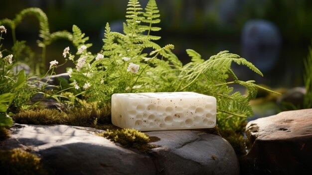 Foto las flores de piedra natural y el podio de hormigón en el fondo natural muestran el producto de jabón en la parte superior de