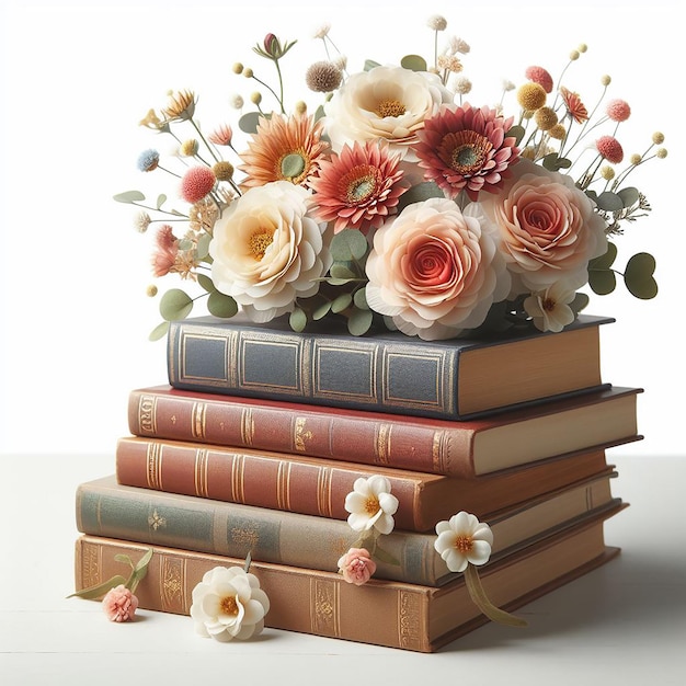 Flores en una pila de libros con fondo blanco