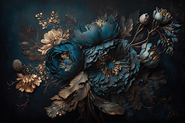 Flores pintadas de azul e dourado sutilmente texturizadas Fundo sombrio e sombrio Generative AI AIG15