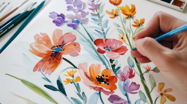 Foto flores planas de gouache con ia generativa de textura de grano