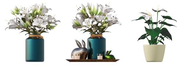 flores y plantas decorativas para el interior, aisladas sobre fondo blanco, ilustración 3D, cg re