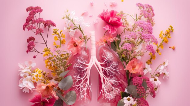 Foto flores y plantas de pulmones humanos en un fondo rosado monocromático