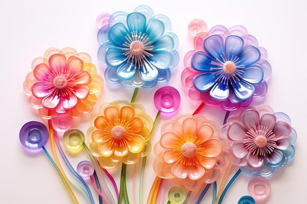 Las flores de plástico de colores brillantes están dispuestas en un jarrón en una superficie blanca generativa ai