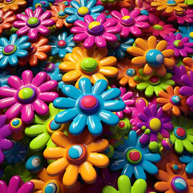 Foto flores de plástico de colores brillantes están dispuestas en un montón ai generativo