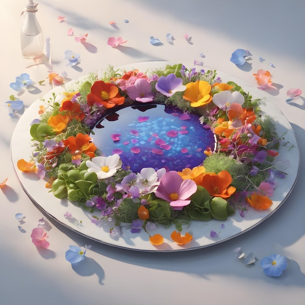 flores en un plato redondo en el agua 3d render generativo ai