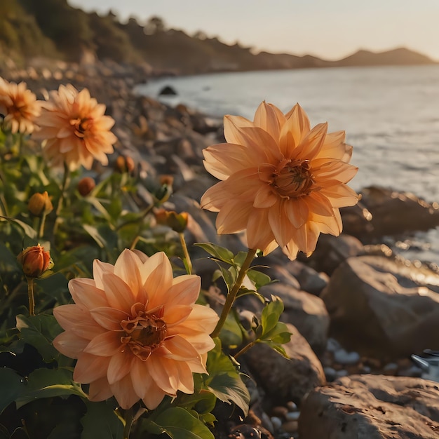 flores en una playa rocosa con el océano en el fondo