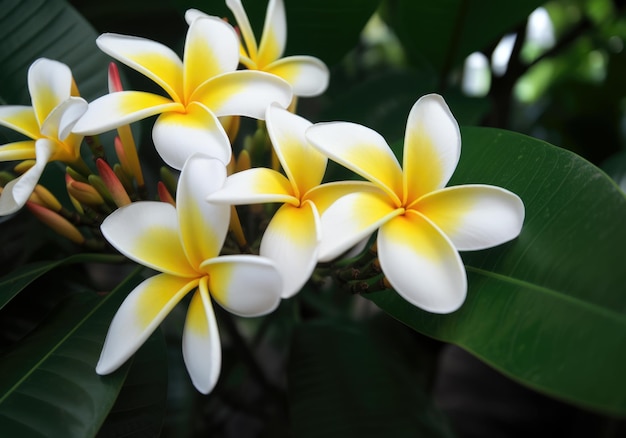 Flores de plumeria blancas y amarillas en un árbol en tailandia.