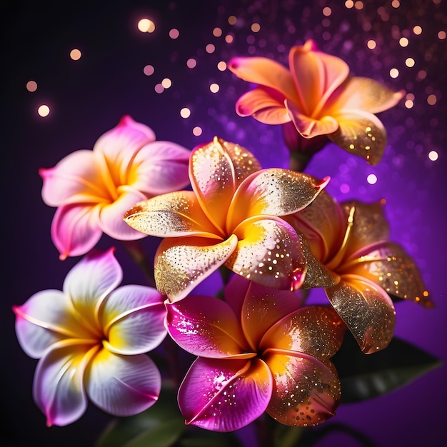 Flores de plumeria de colores brillantes y soñadoras con efecto de brillo