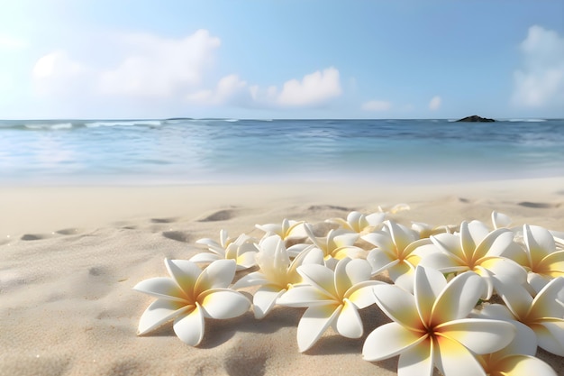 Flores de plumeria en una playa de arena del océano AI generativo 1