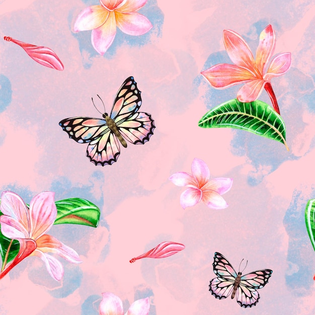Flores de plumeria rosa tropical con frijoles y manchas Ilustración de acuarela con patrón sin costuras en un