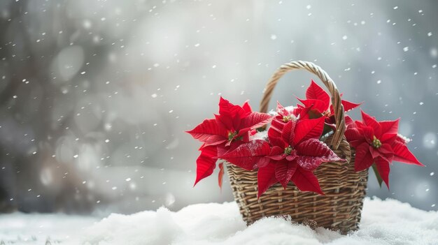 Flores de poinsettia de Navidad rojas en una canasta sobre un fondo navideño nevado Espacio para el texto