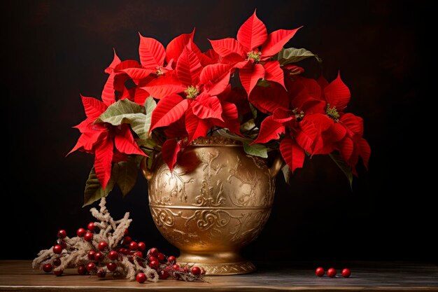 Foto flores de poinsettia en olla de oro sobre fondo negro