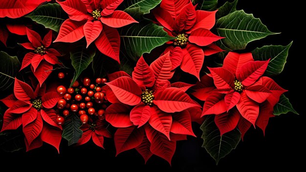 Flores de poinsettia rojas de Navidad con bayas en fondo negro