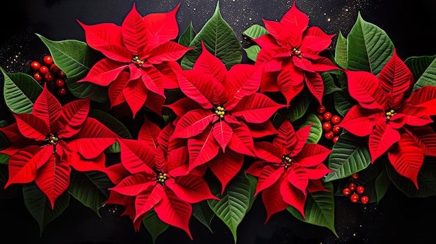 Flores de poinsettia rojas de Navidad con bayas en fondo negro