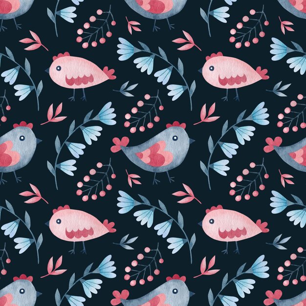 Flores de pollo de patrones sin fisuras de acuarela en el arte popular sobre un fondo azul
