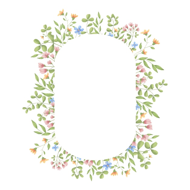 Flores de prado claras y hojas verdes en un marco acuarela ilustración digital marco de flores silvestres