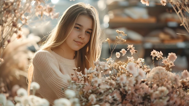 Flores prensadas de belleza beige en un arreglo floral rústico