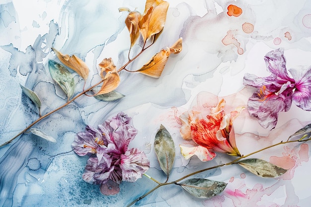 Flores prensadas delicadas em fundo colorido de aquarela abstrata