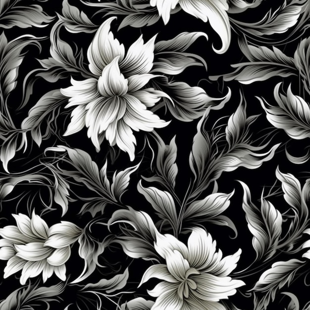 Flores pretas e brancas em um fundo preto.