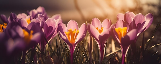 Flores de primavera amarillas y violetas iluminadas por la luz del sol AI generativa